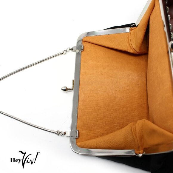 Vintage Black Faille Purse - Cocktail Evening Bag w Rhinestone Trim - Picture 4 of 5